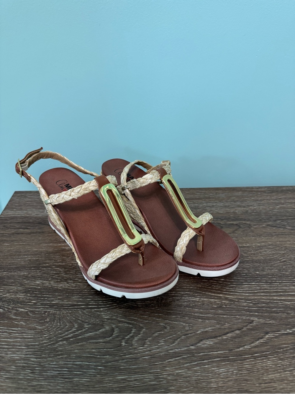 MIA Braided T-Strap Wedge Sandals in Cream and Brown with Gold Accent Size 8 W